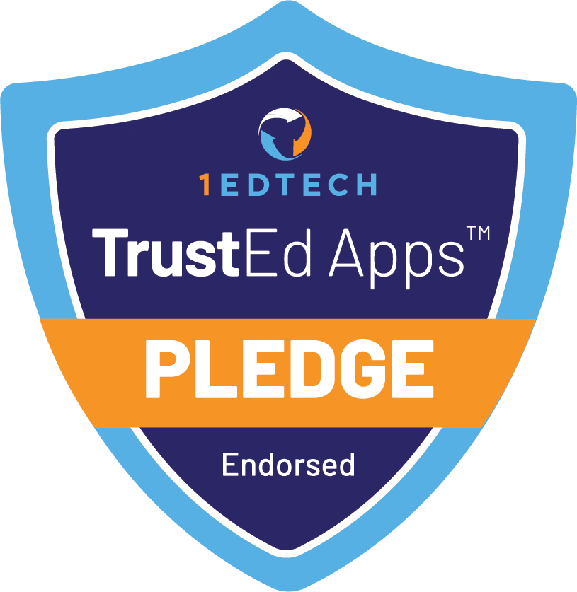 1EdTech TrustEd Apps Pledge badge with “Endorsed” text, shown as a blue and purple shield with an orange pledge banner.